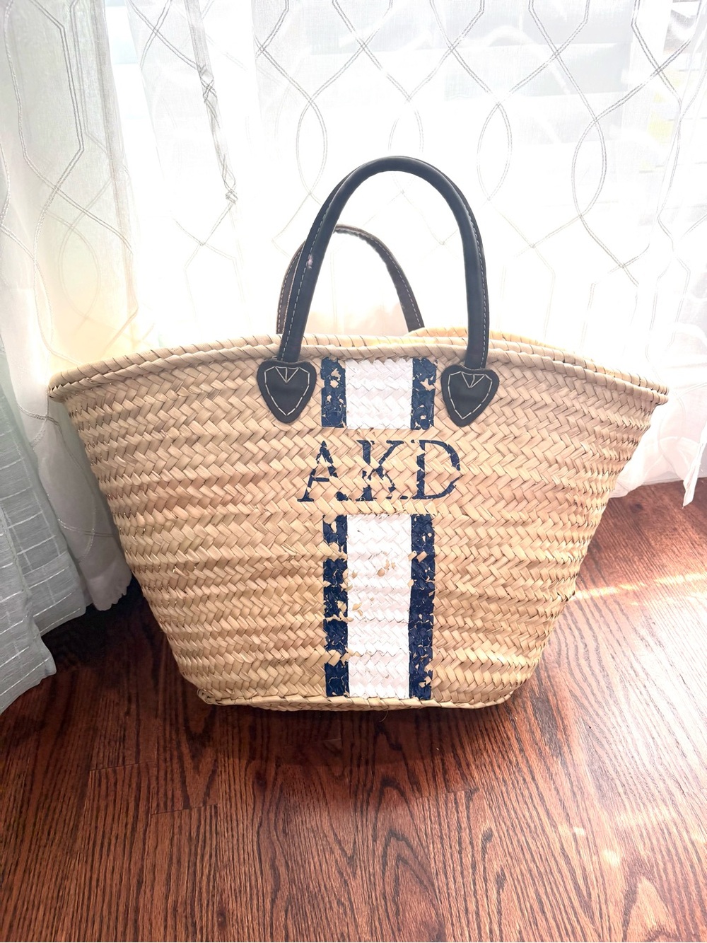 Hand painted Straw Tote Bag with Navy & White Stripe and Brown Handles